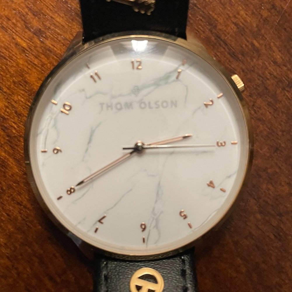 Thom Olson Marble Face Black Leather Watch